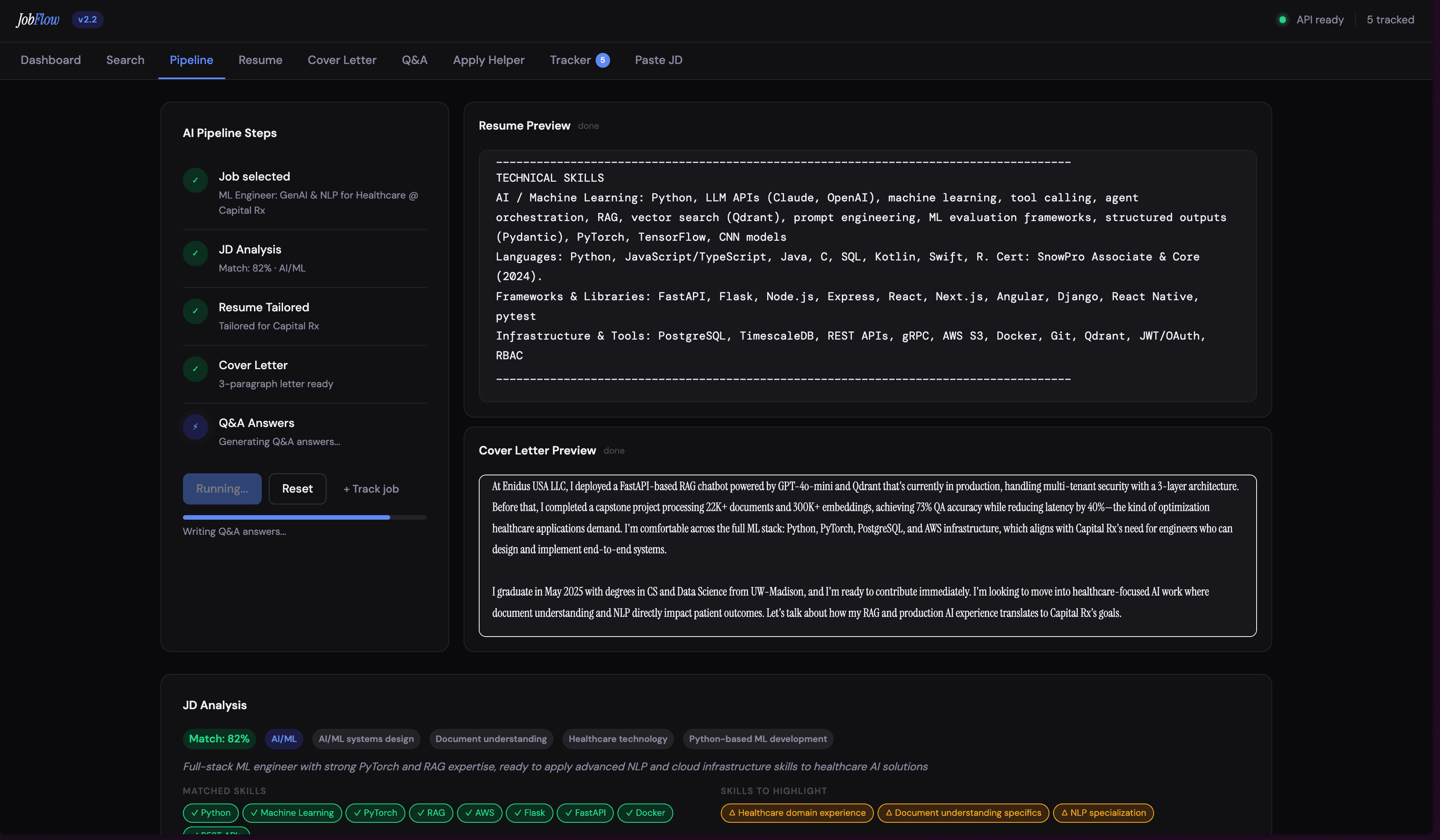 ClaudeJob pipeline mid-stream — agentic resume tailoring with live JD analysis, resume preview, cover letter, and matched skills